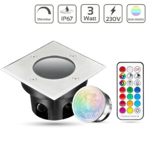 Bodeneinbaustrahler RGB +3000 Kelvin | flach | eckig | GU10 | 3 Watt | IP67 | 230Volt | Dimmbar