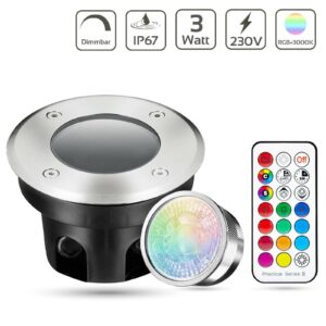 Bodeneinbaustrahler RGB +3000 Kelvin | flach | rund | GU10 | 3 Watt | IP67 | 230Volt | Dimmbar