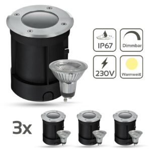 Bodenstrahler im Rasen einbauen | GU10 | warmweiß | 230V | IP67 | dimmbar 3 Stück