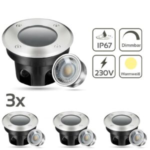 3 Stück Pflaster Beleuchtung befahrbar | IP67 | 230 Volt | rund | flach