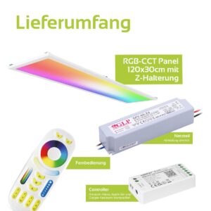 Komplett-Set LED Panel | 120×30cm | RGB+CCT | weiß | einstellbare Lichtfarben | dimmbar | 24 Volt | 48 Watt mit Deckenhalterung