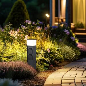 Pollerleuchte mit 2-fach Steckdose für Außen – E27, Anthrazit, IP44