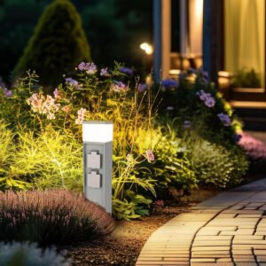 Pollerleuchte mit 2-fach Steckdose für Außen – E27, Edelstahl, IP44