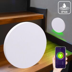 ⭐🌧️ Smart Home Treppenstufenbeleuchtung außen – rund, weiß, RGB+CCT, 3W – Lichtaustritt Kato – IP44 für Außentreppen
