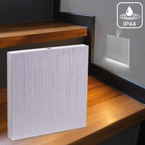 ⭐🌧️ Treppenstufenbeleuchtung außen 68mm – eckig, Alu gebürstet, neutralweiß – Lichtaustritt Luga – IP44 für Außentreppen