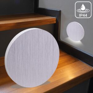⭐🌧️ Treppenstufenbeleuchtung außen 68mm – rund, Alu gebürstet, neutralweiß – Lichtaustritt Kato – IP44 für Außentreppen