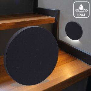 ⭐🌧️ Treppenstufenbeleuchtung außen 68mm – rund, Schwarz, neutralweiß – Lichtaustritt Kato – IP44 für Außentreppen