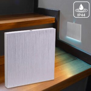 💡⭐🌧️ Treppenstufenbeleuchtung außen 68mm – eckig, Alu-gebürstet, kaltweiß – Lichtaustritt Luga – IP44 für Außentreppen