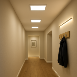 verwinkelter Flur mit 3 LED Panels