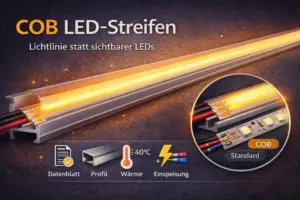 Headergrafik „COB LED-Streifen“ mit durchgehender Lichtlinie in einem Aluminiumprofil mit Abdeckung; Hinweis „Lichtlinie statt sichtbarer LEDs“. Rechts zeigt ein Detailkreis COB vs. Standard-LED-Streifen. Unten Symbole für Datenblatt, Profil, Wärme (40 °C) und Einspeisung.