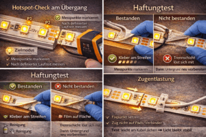 Montage-Prüfschritte für LED-Streifen: Visualisierung eines bestandenen Haftungstests, Durchführung eines Hotspot-Checks am Verbinder per IR-Thermometer und korrekte Zugentlastung der Kabelführung.