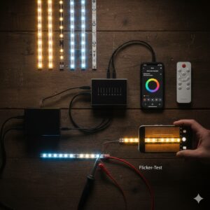 Hier sind die präzisen Alt-Texte für deine neuen Grafiken zur Steuerung von LED-Streifen. Diese Texte sind darauf optimiert, Google die thematische Tiefe (E-E-A-T) zu signalisieren und gleichzeitig die Barrierefreiheit zu gewährleisten. Alt-Text für Grafik 1 (Der verifizierbare Versuchsaufbau) Alt-Text: Technischer Versuchsaufbau zur Steuerung von LED-Streifen: Ein Tischtest mit verschiedenen Streifen-Typen (CCT, RGB), einem Multi-Kanal-Controller, Fernbedienung und Smartphone-App zur Verifizierung der Kanalbelegung und Funkreichweite vor der Endmontage.