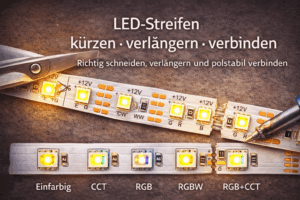 Übersichtsgrafik zum Kürzen und Verbinden verschiedener LED-Streifen: Vergleich von Pad-Layouts für einfarbige, CCT, RGB, RGBW und RGB+CCT Systeme mit Werkzeugsymbolen für Schnitt und Montage.