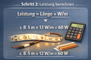 Infografik „Schritt 2: Leistung berechnen“ mit Formel „Leistung = Länge × W/m“ und Beispiel „5 m × 12 W/m = 60 W“, daneben LED-Streifen und Taschenrechner.