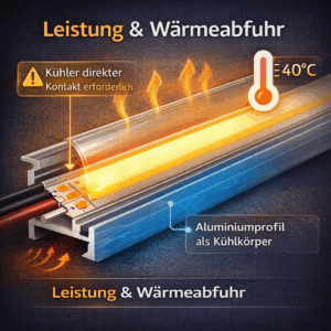 Thermische Infografik „Leistung & Wärmeabfuhr“: COB-LED-Streifen im Aluminiumprofil, farbiger Wärmeverlauf (warm oben, kühler im Profil), Pfeile für Wärmefluss, Hinweis „Kühler direkter Kontakt erforderlich“ und Beschriftung „Aluminiumprofil als Kühlkörper“ mit Thermometer-Symbol (40 °C).