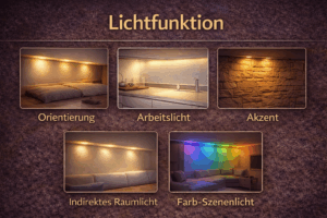 Infografik „Lichtfunktion“ mit sechs Beispiel-Fotos in einem 2×3-Raster: Orientierung, Arbeitslicht, Akzent, indirektes Raumlicht und Farb-/Szenenlicht als LED-Streifen-Anwendungen, jeweils mit deutscher Beschriftung.