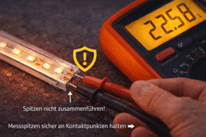 Multimeter misst Spannung am LED-Streifen unter Last: rote und schwarze Messspitze auf +/− Kontaktpads, Anzeige ca. 22,5 V, Hinweis „Spitzen nicht zusammenführen“ zur Kurzschlussvermeidung.