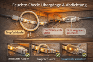 Technische Illustration zum Feuchteschutz von LED-Streifen in der Sauna: Darstellung einer Tropfschlaufe zur Ableitung von Kondenswasser, geschützter Endkappen und wasserdichter Abdichtung von Kabelübergängen gegen Korrosion und Kurzschlüsse