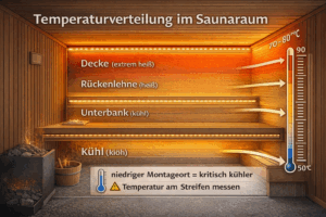 Infografik zur Temperaturverteilung in der Sauna für die LED-Montage: Darstellung der Hitzezonen von der Decke (extrem heiß) bis zur Unterbank (kühl) mit dem Hinweis, die Temperatur direkt am LED-Streifen zu messen.