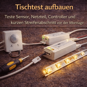 Quadratische Infografik „Tischtest aufbauen“: Auf einer Arbeitsfläche sind ein Bewegungsmelder, ein Netzteil, ein LED-Controller und ein kurzer, leuchtender LED-Streifen mit Kabeln verbunden. Die Grafik zeigt den Aufbau zum Vorab-Test, bevor die Komponenten fest montiert werden.