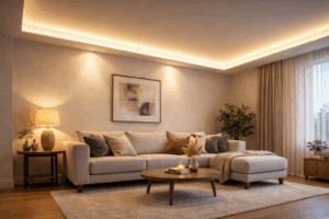 Modernes Wohnzimmer mit perfekt umsetzter indirekter LED-Deckenbeleuchtung ohne sichtbare Lichtpunkte oder harte Schattenkanten.“