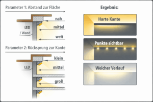 Diagnose-Grafik für indirekte LED-Beleuchtung: Lösungen für harte Schattenkanten (Rücksprung erhöhen), sichtbare Punkte (Abstand/Streuung) und dunkle Enden (Spannung prüfen)
