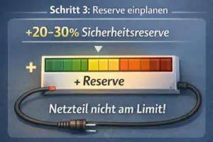 Reserve einplanen“ mit Hinweis „+20–30% Sicherheitsreserve“, einer farbigen Reserve-Anzeige und dem Satz „Netzteil nicht am Limit!“.