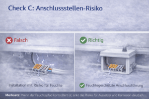 Check C Anschlussstellen-Risiko: offene Klemmen im feuchten Hohlraum (falsch) vs. gekapselte Anschlussdose (richtig) – Feuchtepfad kontrollieren, Aussetzer und Korrosion reduzieren