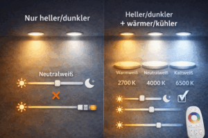 Infografik zum Dimmen bei CCT LED-Panels: links nur Helligkeit (heller/dunkler) bei fixer Lichtfarbe, rechts Helligkeit plus Farbtemperaturwechsel (wärmer/kühler) von 2700K bis 6500K.
