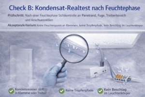 Check B Kondensat-Realtest nach Feuchtephase: Sichtkontrolle an Panelrand, Fuge, Treiberbereich und Anschlussklemmen – keine Feuchtespuren, keine Tropfenpfade, kein Beschlag