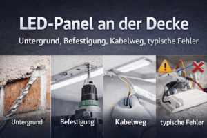 Headerbild zur Montage von LED-Panels an der Decke: Untergrund prüfen, Befestigung setzen, Kabelweg planen und typische Montagefehler vermeiden.