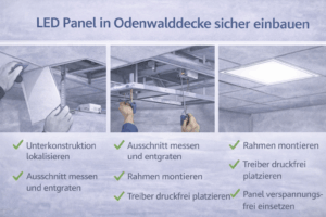LED-Panel in Odenwalddecke einbauen: Infografik mit Unterkonstruktion prüfen, Ausschnitt messen/entgraten, Rahmen montieren, Treiber druckfrei platzieren und Panel spannungsfrei einsetzen