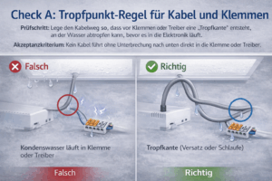 Check A Tropfpunkt-Regel: Kabel mit Tropfkante (Schlaufe/Versatz) verhindert, dass Kondenswasser in Klemmen oder LED-Treiber läuft