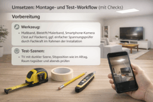 LED-Panel Montage & Test im Wohnzimmer: Maßband, Malerband, Smartphone für Flackertest und Spannungsprüfer; Hintergrund mit Sofa, TV und Deckenpanel (TV-Reflexe per dunkler Szene prüfen)