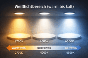 Infografik zum Weißlichtbereich von LED-Panels: Warmweiß (2700K) über Neutralweiß (4000K) bis Kaltweiß (6500K) mit Farbverlauf und Pfeil warm→kalt.