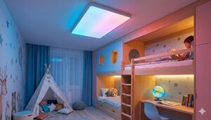 Das Bild zeigt ein rechteckiges farbiges LED Panel an der Zimmerdecke eines Kinderzimmers